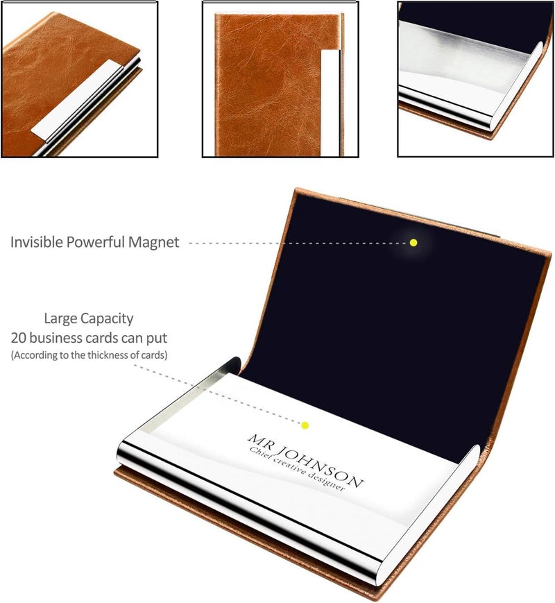 Padike Business Card Holder, Business Card Case Professional PU Leather & Stainless Steel Multi Card Case,Business Card Holder Wallet Credit Card ID Case/Holder for Men & Women. (V-Brown) - Image 3